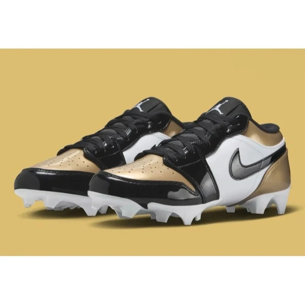 Nike Air‎ Jordan 1 Low TD Football Cleats Sz 12.5 Patent Gold Toe FJ6245-701 New